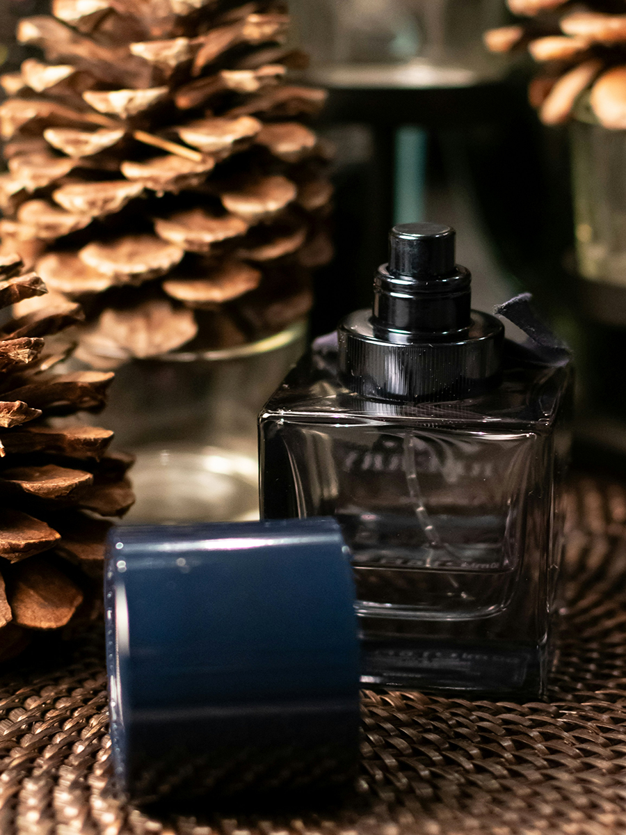 black perfume bottle beside the pine cone